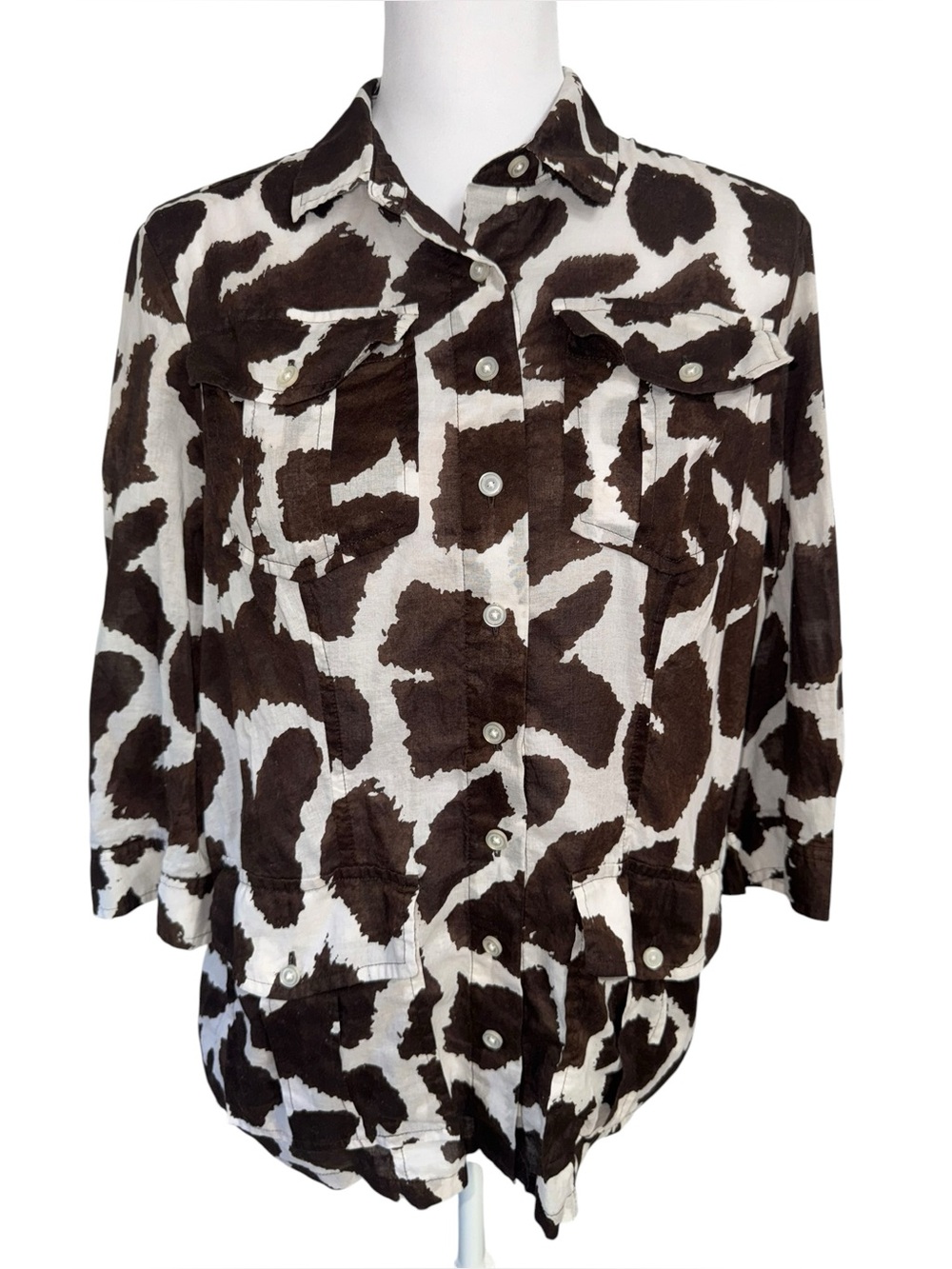 Liz Claiborne New York Cow Print Button Up Shirt Women’s PL Brown Western Cotton